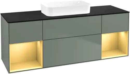 VILLEROY BOCH Toaletní skříňka Finion, s osvětlením, 4 výsuvy, 1600 x 603 x 501 mm, olivový matný lak / zlatý matný lak / černé matné sklo #F742HFGM