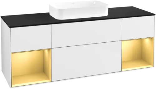 VILLEROY BOCH Toaletní skříňka Finion, s osvětlením, 4 výsuvy, 1600 x 603 x 501 mm, lesklý bílý lak / zlatý matný lak / černé matné sklo #F742HFGF