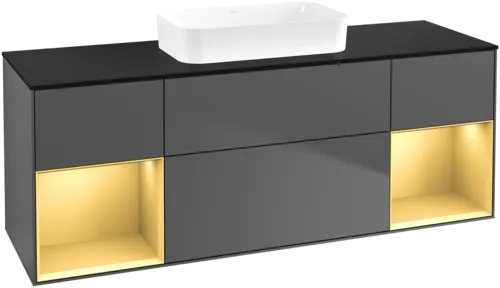 VILLEROY BOCH Toaletní skříňka Finion, s osvětlením, 4 výsuvy, 1600 x 603 x 501 mm, antracit matný lak / zlatý matný lak / černé matné sklo #F742HFGK