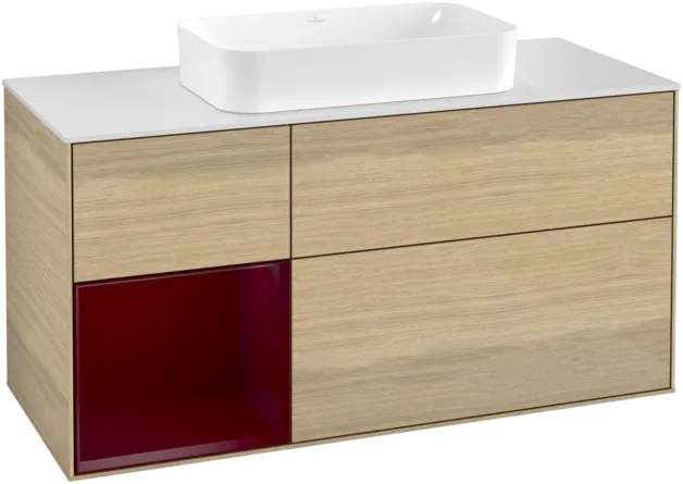 VILLEROY BOCH Toaletní skříňka Finion, s osvětlením, 3 výsuvy, 1200 x 603 x 501 mm, dubová dýha / matný lak Pivoňka / matné bílé sklo #F291HBPC