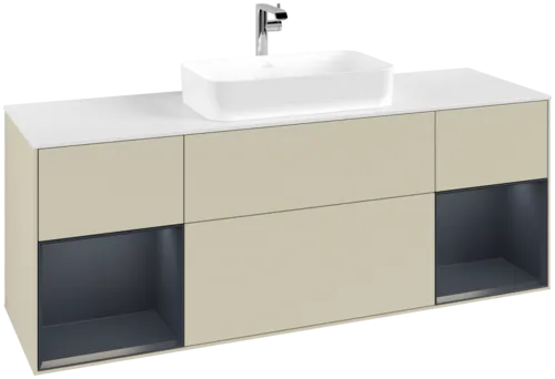 VILLEROY BOCH Toaletní skříňka Finion, s osvětlením, 4 výsuvy, 1600 x 603 x 501 mm, hedvábně šedý matný lak / půlnočně modrý matný lak / bílé matné sklo #F331HGHJ