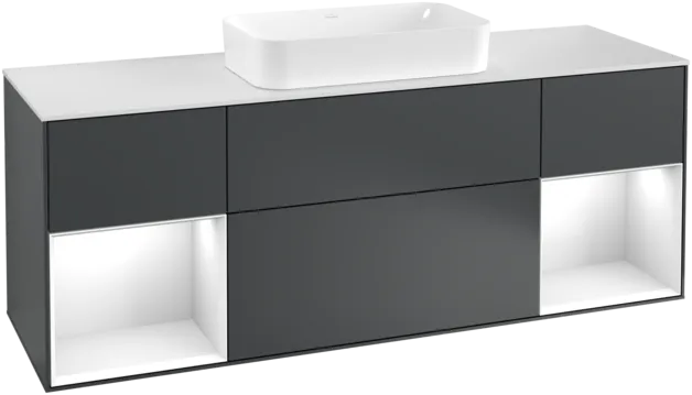VILLEROY BOCH Toaletní skříňka Finion, s osvětlením, 4 výsuvy, 1600 x 603 x 501 mm, Midnight Blue Matt Lacquer / Glossy White Lacquer / Glass White Matt #F331GFHG