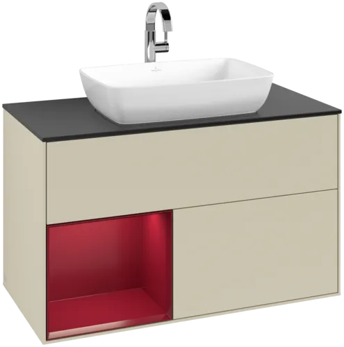 VILLEROY BOCH Toaletní skříňka Finion, s osvětlením, 2 výsuvy, 1000 x 603 x 501 mm, Silk Grey Matt Lacquer / Peony Matt Lacquer / Glass Black Matt #F772HBHJ