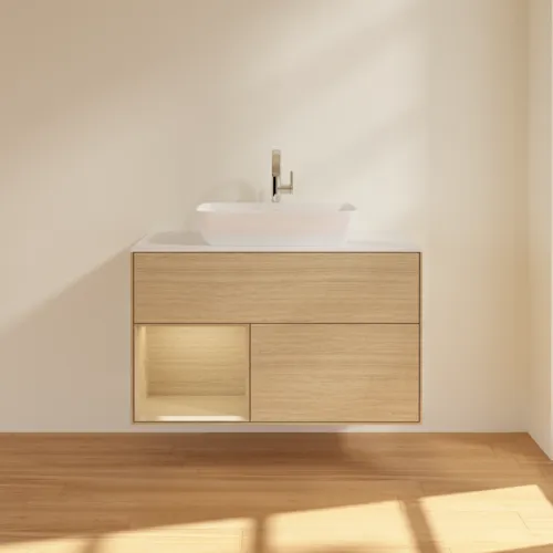 VILLEROY BOCH Toaletní skříňka Finion, s osvětlením, 2 výsuvy, 1000 x 603 x 501 mm, dubová dýha / dubová dýha / sklo bílé matné #F771PCPC, obrázek 3