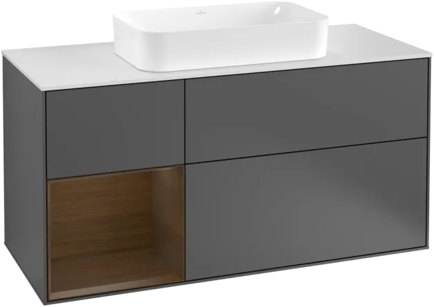 VILLEROY BOCH Toaletní skříňka Finion, s osvětlením, 3 výsuvy, 1200 x 603 x 501 mm, antracit matný lak / ořechová dýha / sklo bílé matné #F291GNGK