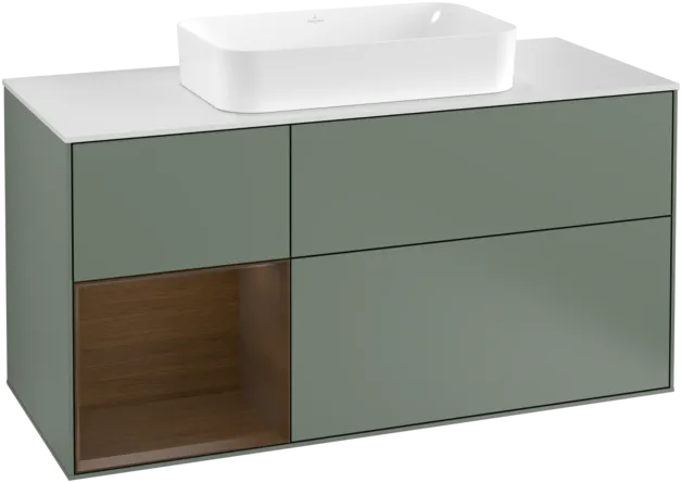 VILLEROY BOCH Toaletní skříňka Finion, s osvětlením, 3 výsuvy, 1200 x 603 x 501 mm, olivový matný lak / ořechová dýha / sklo bílé matné #F291GNGM