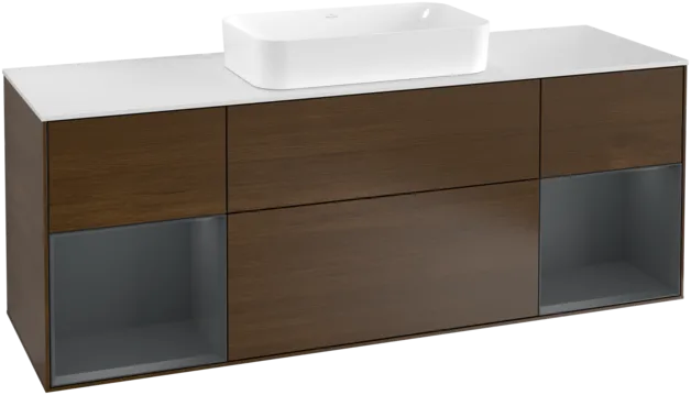 VILLEROY BOCH Toaletní skříňka Finion, s osvětlením, 4 výsuvy, 1600 x 603 x 501 mm, ořechová dýha / půlnočně modrý matný lak / sklo bílé matné #F331HGGN