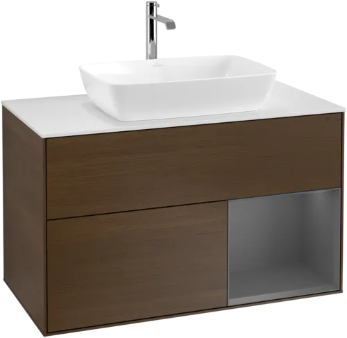 VILLEROY BOCH Toaletní skříňka Finion, s osvětlením, 2 výsuvy, 1000 x 603 x 501 mm, ořechová dýha / antracitový matný lak / bílé matné sklo #F781GKGN, obrázek 1