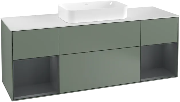VILLEROY BOCH Toaletní skříňka Finion, s osvětlením, 4 výsuvy, 1600 x 603 x 501 mm, olivový matný lak / půlnoční modrý matný lak / bílé matné sklo #F331HGGM