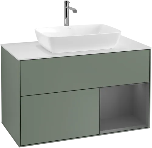 VILLEROY BOCH Toaletní skříňka Finion, s osvětlením, 2 výsuvy, 1000 x 603 x 501 mm, olivový matný lak / antracitový matný lak / bílé matné sklo #F781GKGM