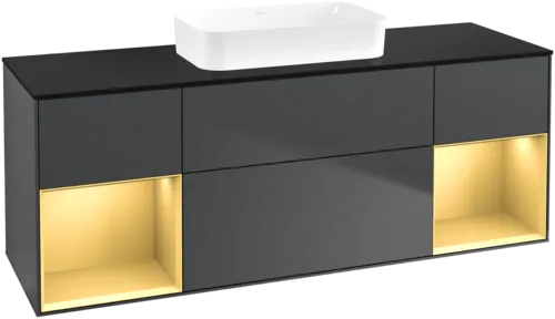 VILLEROY BOCH Toaletní skříňka Finion, s osvětlením, 4 výsuvy, 1600 x 603 x 501 mm, Midnight Blue Matt Lacquer / Gold Matt Lacquer / Glass Black Matt #F742HFHG