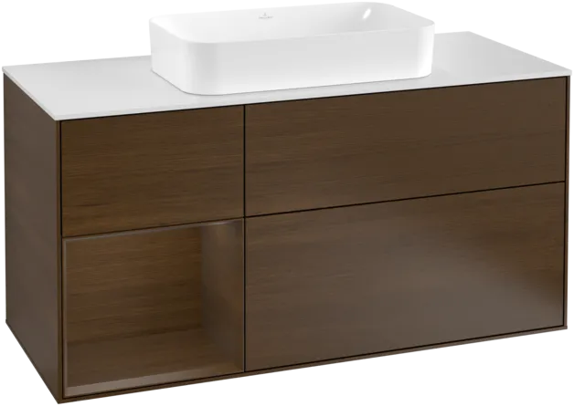 VILLEROY BOCH Toaletní skříňka Finion, s osvětlením, 3 výsuvy, 1200 x 603 x 501 mm, ořechová dýha / ořechová dýha / sklo bílé matné #F291GNGN
