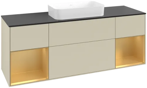 VILLEROY BOCH Toaletní skříňka Finion, s osvětlením, 4 výsuvy, 1600 x 603 x 501 mm, Silk Grey Matt Lacquer / Gold Matt Lacquer / Glass Black Matt #F742HFHJ