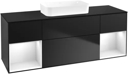 VILLEROY BOCH Toaletní skříňka Finion, s osvětlením, 4 výsuvy, 1600 x 603 x 501 mm, černý matný lak / bílý lesklý lak / černé matné sklo #F742GFPD
