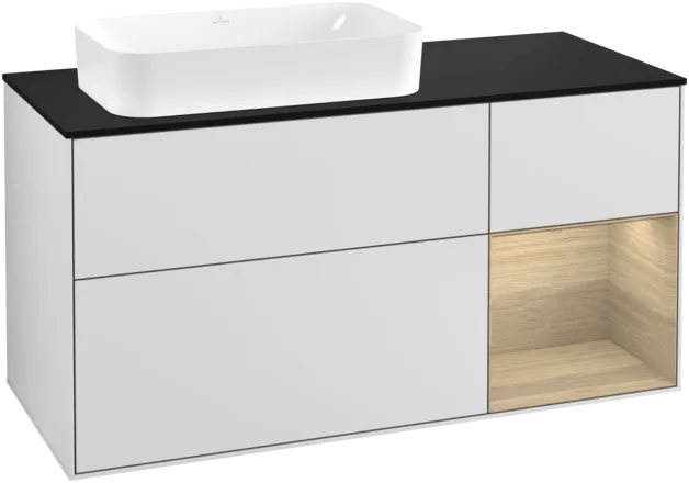 VILLEROY BOCH Toaletní skříňka Finion, s osvětlením, 3 výsuvy, 1200 x 603 x 501 mm, bílý matný lak / dubová dýha / černé matné sklo #F282PCMT