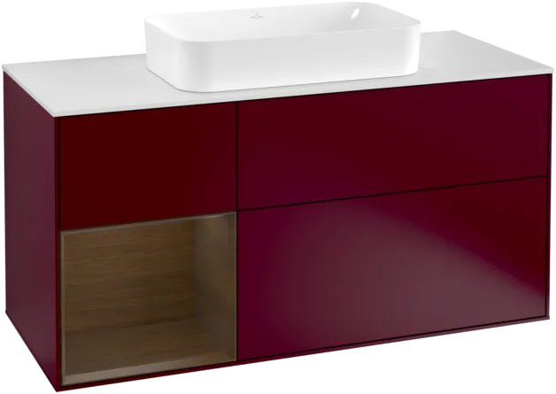 VILLEROY BOCH Toaletní skříňka Finion, s osvětlením, 3 výsuvy, 1200 x 603 x 501 mm, matný lak Peony / ořechová dýha / bílé matné sklo #F291GNHB