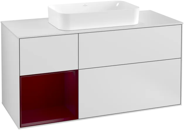 VILLEROY BOCH Toaletní skříňka Finion, s osvětlením, 3 výsuvy, 1200 x 603 x 501 mm, bílý matný lak / pivoňkový matný lak / sklo bílé matné #F291HBMT