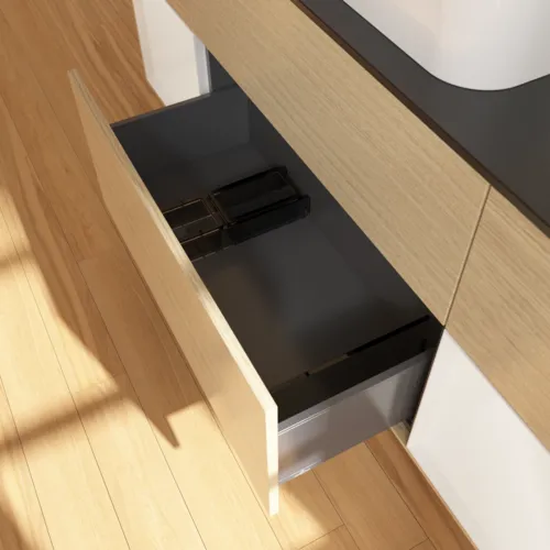 VILLEROY BOCH Toaletní skříňka Finion, s osvětlením, 4 výsuvy, 1600 x 603 x 501 mm, dubová dýha / lesklý bílý lak / sklo černé matné #F742GFPC, obrázek 7