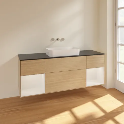 VILLEROY BOCH Toaletní skříňka Finion, s osvětlením, 4 výsuvy, 1600 x 603 x 501 mm, dubová dýha / lesklý bílý lak / sklo černé matné #F742GFPC, obrázek 2