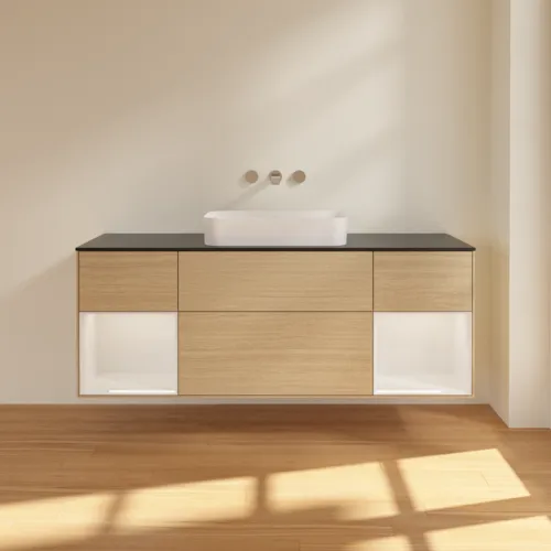VILLEROY BOCH Toaletní skříňka Finion, s osvětlením, 4 výsuvy, 1600 x 603 x 501 mm, dubová dýha / lesklý bílý lak / sklo černé matné #F742GFPC, obrázek 3