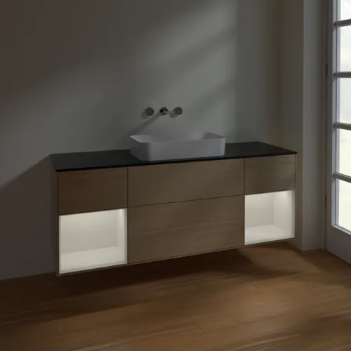 VILLEROY BOCH Toaletní skříňka Finion, s osvětlením, 4 výsuvy, 1600 x 603 x 501 mm, dubová dýha / lesklý bílý lak / sklo černé matné #F742GFPC, obrázek 5