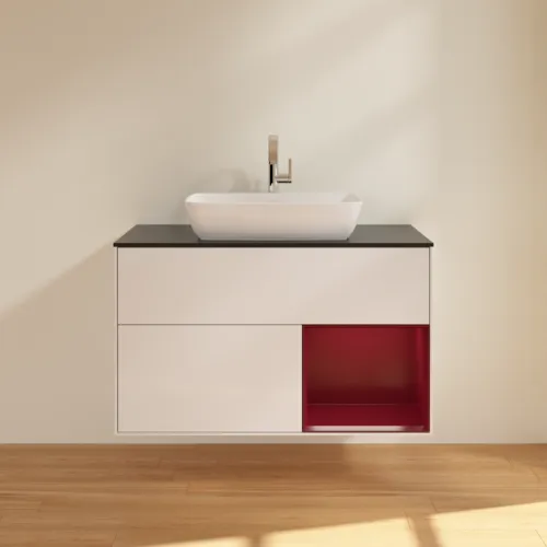 VILLEROY BOCH Toaletní skříňka Finion, s osvětlením, 2 výsuvy, 1000 x 603 x 501 mm, lesklý bílý lak / matný lak Pivoňka / matné černé sklo #F782HBGF, obrázek 3