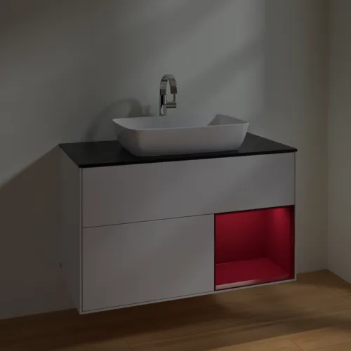 VILLEROY BOCH Toaletní skříňka Finion, s osvětlením, 2 výsuvy, 1000 x 603 x 501 mm, lesklý bílý lak / matný lak Pivoňka / matné černé sklo #F782HBGF, obrázek 5