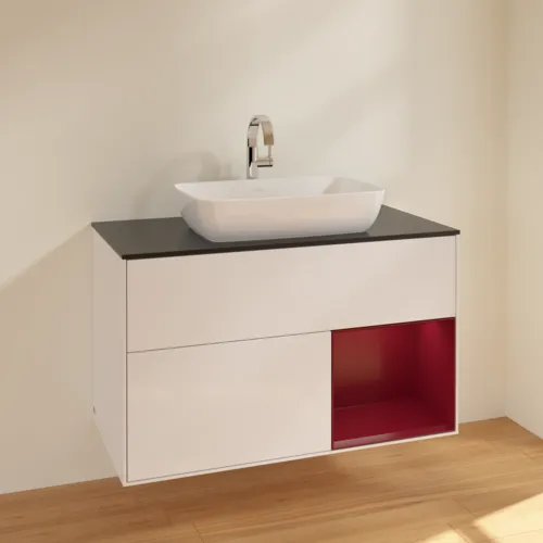 VILLEROY BOCH Toaletní skříňka Finion, s osvětlením, 2 výsuvy, 1000 x 603 x 501 mm, lesklý bílý lak / matný lak Pivoňka / matné černé sklo #F782HBGF, obrázek 2