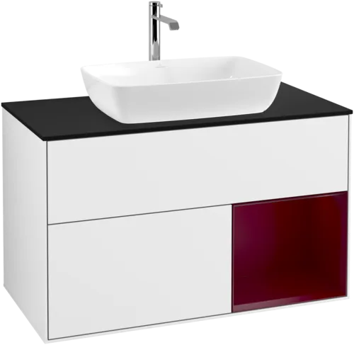 VILLEROY BOCH Toaletní skříňka Finion, s osvětlením, 2 výsuvy, 1000 x 603 x 501 mm, lesklý bílý lak / matný lak Pivoňka / matné černé sklo #F782HBGF