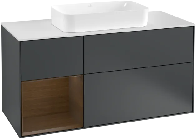 VILLEROY BOCH Toaletní skříňka Finion, s osvětlením, 3 výsuvy, 1200 x 603 x 501 mm, půlnočně modrý matný lak / ořechová dýha / bílé matné sklo #F291GNHG