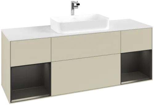 VILLEROY BOCH Toaletní skříňka Finion, s osvětlením, 4 výsuvy, 1600 x 603 x 501 mm, hedvábně šedý matný lak / černý matný lak / bílé matné sklo #F331PDHJ