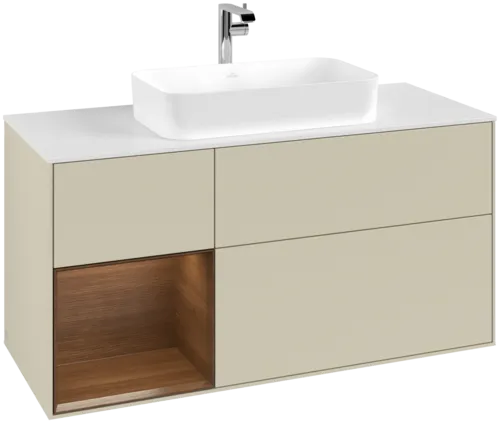 VILLEROY BOCH Toaletní skříňka Finion, s osvětlením, 3 výsuvy, 1200 x 603 x 501 mm, hedvábně šedý matný lak / ořechová dýha / sklo bílé matné #F291GNHJ