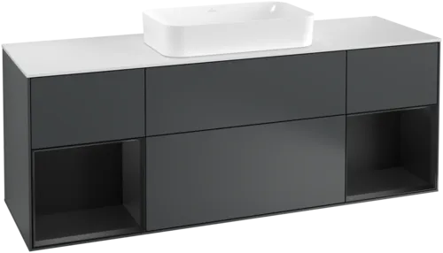 VILLEROY BOCH Toaletní skříňka Finion, s osvětlením, 4 výsuvy, 1600 x 603 x 501 mm, Midnight Blue Matt Lacquer / Black Matt Lacquer / Glass White Matt #F331PDHG