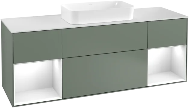 VILLEROY BOCH Toaletní skříňka Finion, s osvětlením, 4 výsuvy, 1600 x 603 x 501 mm, olivový matný lak / lesklý bílý lak / sklo bílé matné #F331GFGM