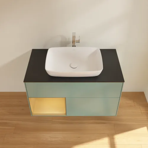VILLEROY BOCH Toaletní skříňka Finion, s osvětlením, 2 výsuvy, 1000 x 603 x 501 mm, olivový matný lak / zlatý matný lak / černé matné sklo #F772HFGM, obrázek 4