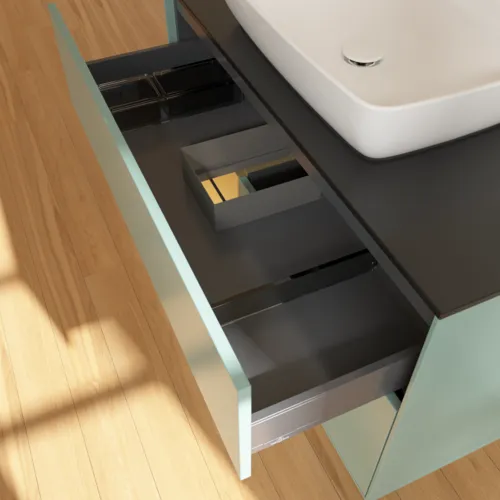 VILLEROY BOCH Toaletní skříňka Finion, s osvětlením, 2 výsuvy, 1000 x 603 x 501 mm, olivový matný lak / zlatý matný lak / černé matné sklo #F772HFGM, obrázek 8