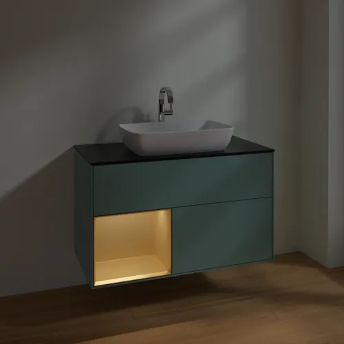 VILLEROY BOCH Toaletní skříňka Finion, s osvětlením, 2 výsuvy, 1000 x 603 x 501 mm, olivový matný lak / zlatý matný lak / černé matné sklo #F772HFGM, obrázek 5
