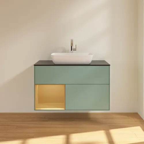 VILLEROY BOCH Toaletní skříňka Finion, s osvětlením, 2 výsuvy, 1000 x 603 x 501 mm, olivový matný lak / zlatý matný lak / černé matné sklo #F772HFGM, obrázek 3