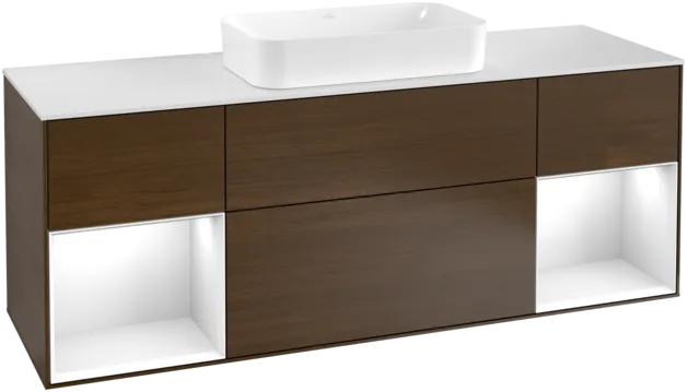 VILLEROY BOCH Toaletní skříňka Finion, s osvětlením, 4 výsuvy, 1600 x 603 x 501 mm, ořechová dýha / lesklý bílý lak / sklo bílé matné #F331GFGN