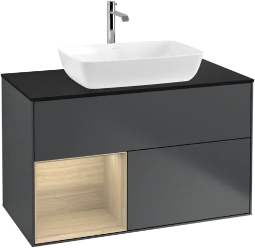 VILLEROY BOCH Toaletní skříňka Finion, s osvětlením, 2 výsuvy, 1000 x 603 x 501 mm, Midnight Blue Matt Lacquer / Oak Veneer / Glass Black Matt #F772PCHG, obrázek 1
