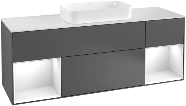 VILLEROY BOCH Toaletní skříňka Finion, s osvětlením, 4 výsuvy, 1600 x 603 x 501 mm, antracit matný lak / lesklý bílý lak / sklo bílé matné #F331GFGK