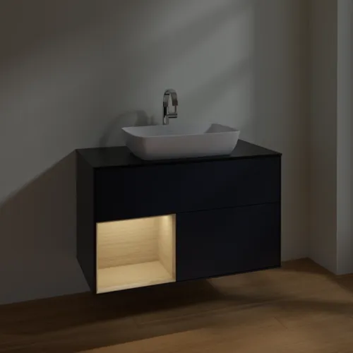 VILLEROY BOCH Toaletní skříňka Finion, s osvětlením, 2 výsuvy, 1000 x 603 x 501 mm, Midnight Blue Matt Lacquer / Oak Veneer / Glass Black Matt #F772PCHG, obrázek 5