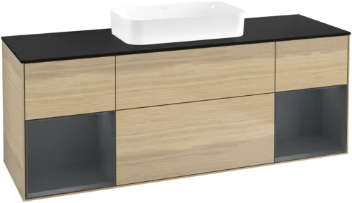 VILLEROY BOCH Toaletní skříňka Finion, s osvětlením, 4 výsuvy, 1600 x 603 x 501 mm, dubová dýha / půlnočně modrý matný lak / černé matné sklo #F742HGPC
