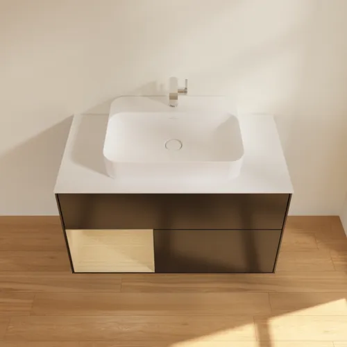 VILLEROY BOCH Toaletní skříňka Finion, s osvětlením, 2 výsuvy, 1000 x 603 x 501 mm, černý matný lak / dubová dýha / sklo bílé matné #F361PCPD, obrázek 4