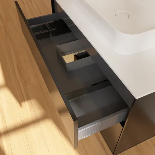VILLEROY BOCH Toaletní skříňka Finion, s osvětlením, 2 výsuvy, 1000 x 603 x 501 mm, černý matný lak / dubová dýha / sklo bílé matné #F361PCPD, obrázek 8