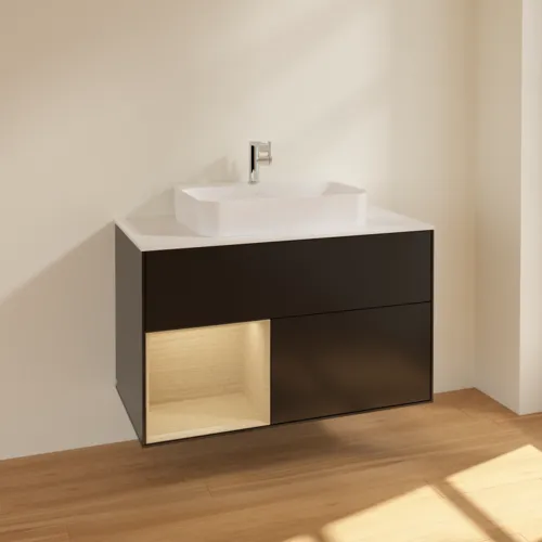 VILLEROY BOCH Toaletní skříňka Finion, s osvětlením, 2 výsuvy, 1000 x 603 x 501 mm, černý matný lak / dubová dýha / sklo bílé matné #F361PCPD, obrázek 2