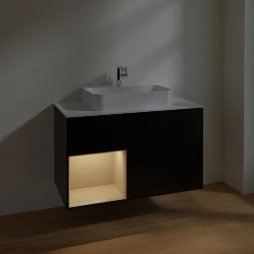VILLEROY BOCH Toaletní skříňka Finion, s osvětlením, 2 výsuvy, 1000 x 603 x 501 mm, černý matný lak / dubová dýha / sklo bílé matné #F361PCPD, obrázek 5