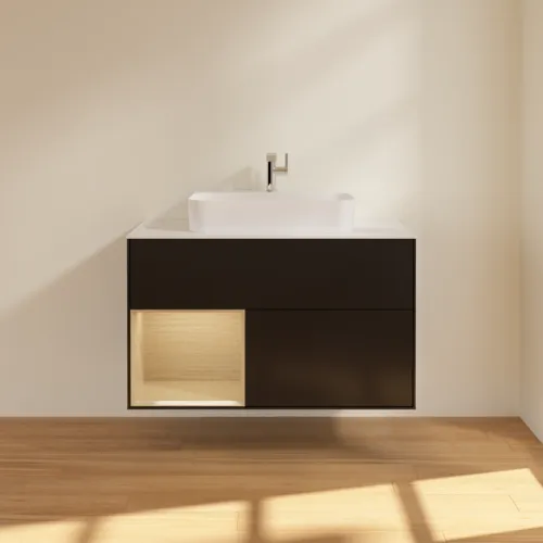 VILLEROY BOCH Toaletní skříňka Finion, s osvětlením, 2 výsuvy, 1000 x 603 x 501 mm, černý matný lak / dubová dýha / sklo bílé matné #F361PCPD, obrázek 3