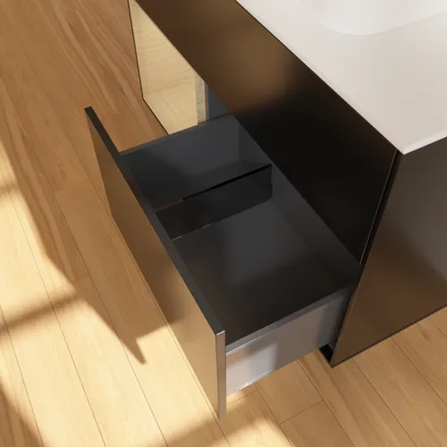 VILLEROY BOCH Toaletní skříňka Finion, s osvětlením, 2 výsuvy, 1000 x 603 x 501 mm, černý matný lak / dubová dýha / sklo bílé matné #F361PCPD, obrázek 7