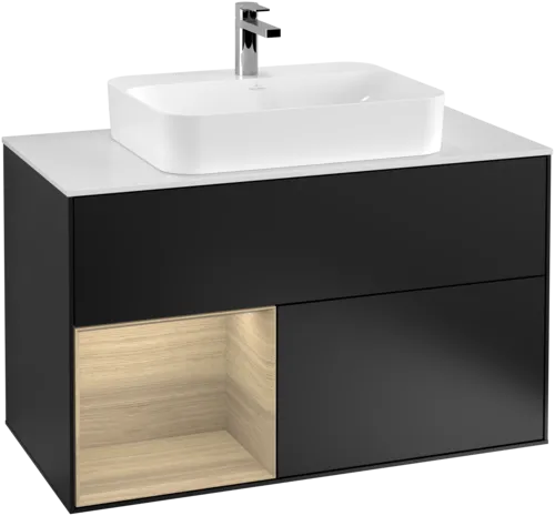 VILLEROY BOCH Toaletní skříňka Finion, s osvětlením, 2 výsuvy, 1000 x 603 x 501 mm, černý matný lak / dubová dýha / sklo bílé matné #F361PCPD